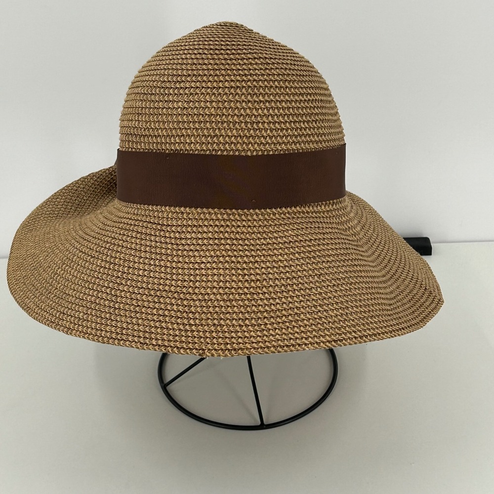 Peter Grimm Tan Paper Straw Wide Brim Sun Hat with Brown Ribbon Bow O/S